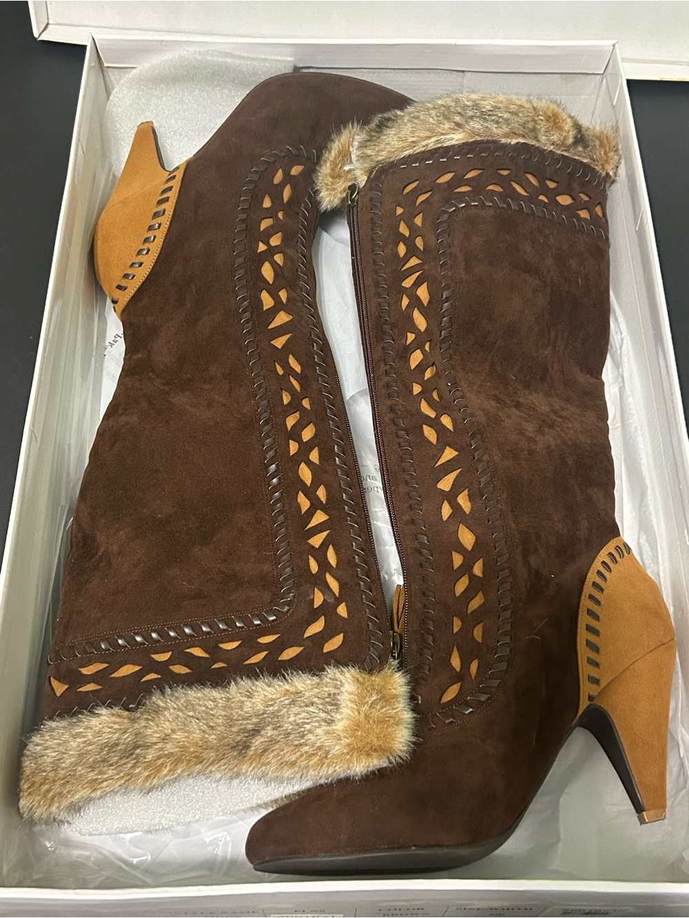 Brown Suede Fur-Trim Mid Heel Boots by